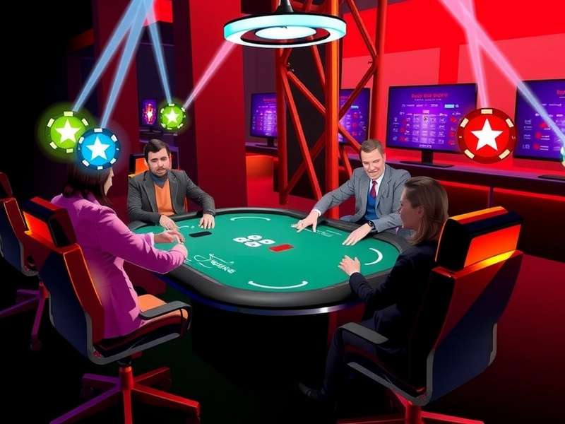 Professional poker player concentrating at a table with PokerStars client visible on screen